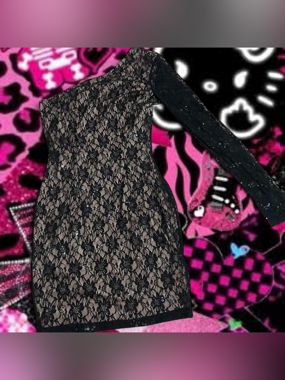 Black Floral Lace One-Shoulder Dress
